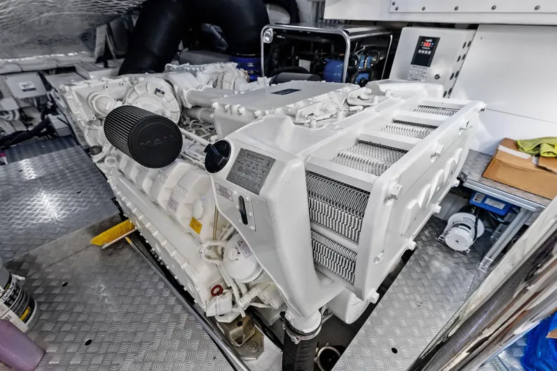 Niki Yacht Photos Pics Engine room of 2024 Pershing 7X yacht showcasing advanced machinery and components.