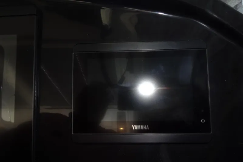 Blue Baby Yacht Photos Pics Yamaha display screen on 2022 Jeanneau Merry Fisher 895 Offshore boat dashboard.