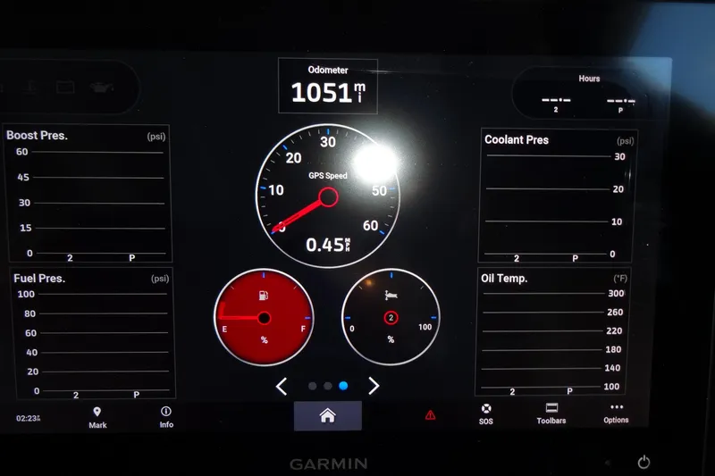 Blue Baby Yacht Photos Pics Dashboard of 2022 Jeanneau Merry Fisher 895 Offshore showing odometer and engine metrics.