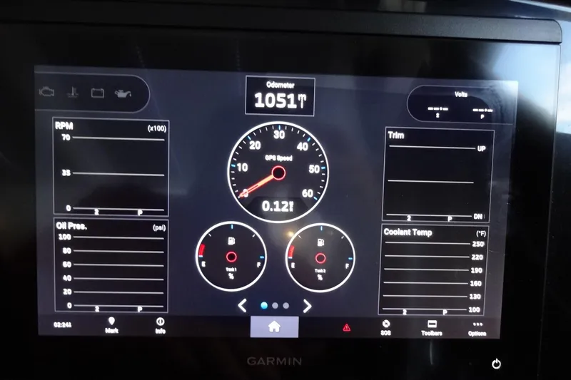 Blue Baby Yacht Photos Pics Dashboard of 2022 Jeanneau Merry Fisher 895 Offshore showing RPM, speed, and gauges.