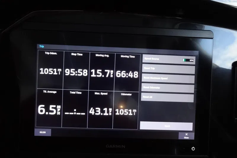 Blue Baby Yacht Photos Pics Garmin display showing trip data for 2022 Jeanneau Merry Fisher 895 Offshore.