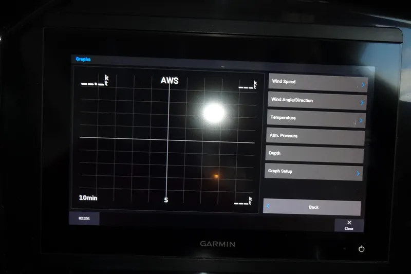 Blue Baby Yacht Photos Pics Garmin display on 2022 Jeanneau Merry Fisher 895 Offshore showing wind speed and navigation data.