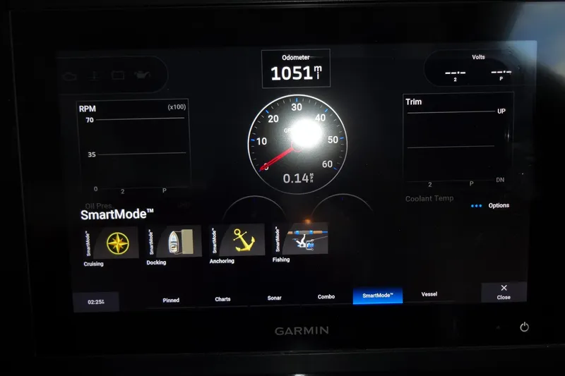 Blue Baby Yacht Photos Pics Garmin display on 2022 Jeanneau Merry Fisher 895 Offshore, showing SmartMode and odometer.