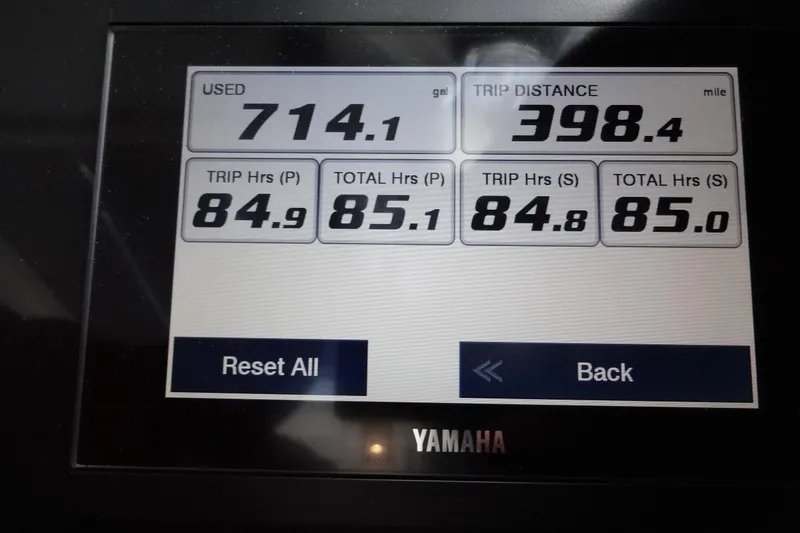 Blue Baby Yacht Photos Pics Yamaha display showing fuel usage and trip data for Jeanneau Merry Fisher 895 Offshore 2022.