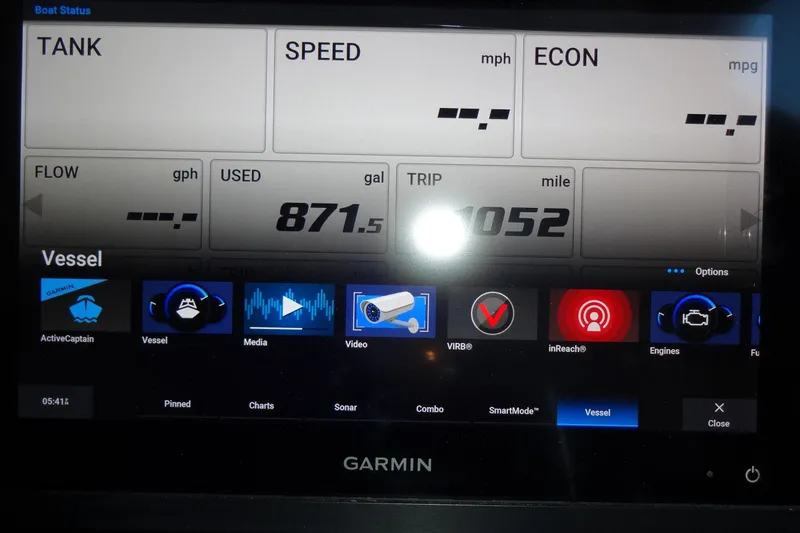 Blue Baby Yacht Photos Pics Garmin display on 2022 Jeanneau Merry Fisher 895 Offshore showing vessel status and navigation options.