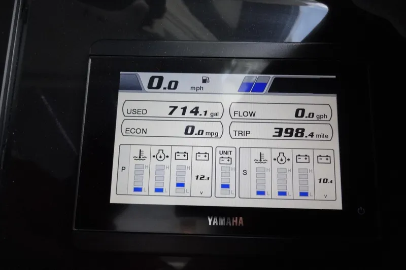 Blue Baby Yacht Photos Pics Display screen of a 2022 Jeanneau Merry Fisher 895 Offshore boat showing fuel and trip data.