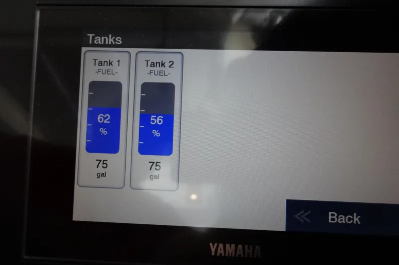 Blue Baby Yacht Photos Pics Fuel tank levels on Jeanneau Merry Fisher 895 Offshore, 2022 model, showing 62% and 56%.