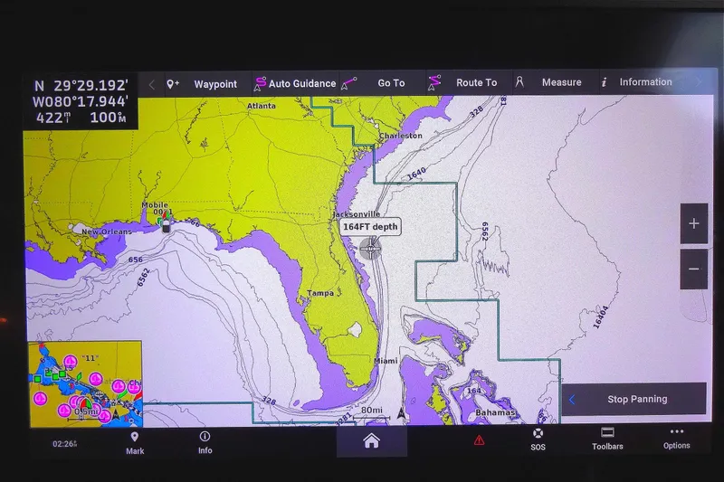 Blue Baby Yacht Photos Pics Navigation screen on Jeanneau Merry Fisher 895 Offshore, showing Gulf of Mexico and Atlantic coast.