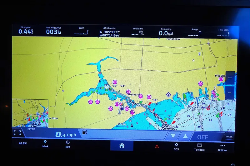 Blue Baby Yacht Photos Pics Navigation display on Jeanneau Merry Fisher 895 Offshore, 2022 model, showing GPS and map details.