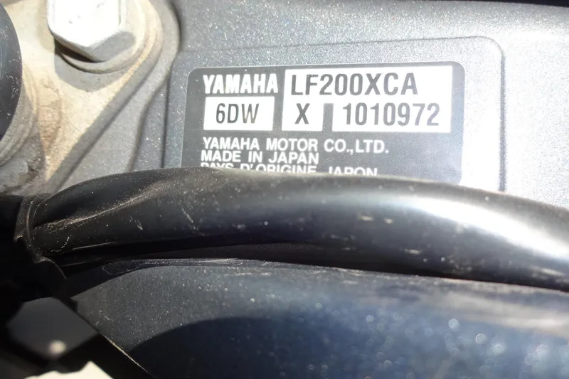 Blue Baby Yacht Photos Pics Yamaha LF200XCA engine label on Jeanneau Merry Fisher 895 Offshore, 2022 model.