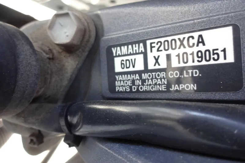 Blue Baby Yacht Photos Pics Yamaha F200XCA engine label on 2022 Jeanneau Merry Fisher 895 Offshore boat.