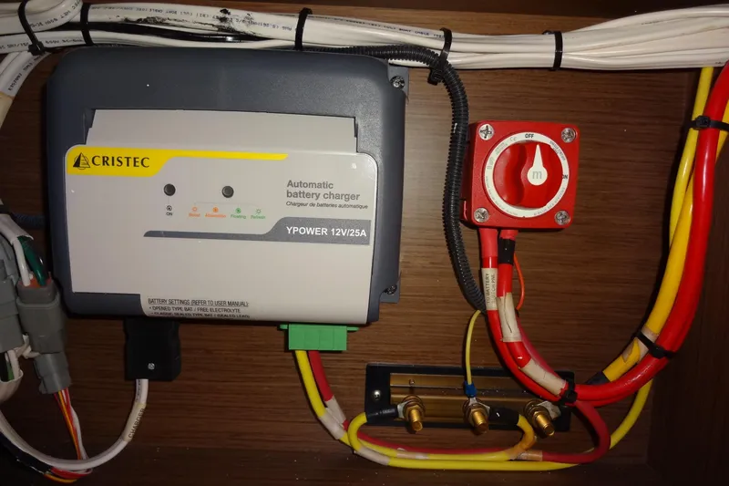 Blue Baby Yacht Photos Pics Battery charger and switchboard in Jeanneau Merry Fisher 895 Offshore, 2022 model.