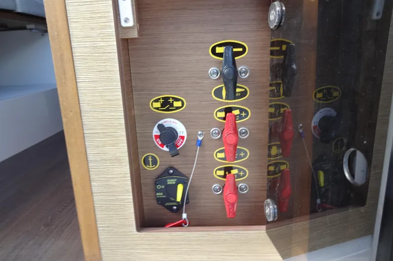 Blue Baby Yacht Photos Pics Control panel on 2022 Jeanneau Merry Fisher 895 Offshore boat, featuring switches and dials.