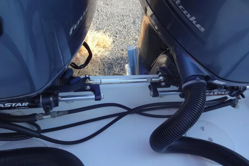 Blue Baby Yacht Photos Pics Twin outboard engines on a 2022 Jeanneau Merry Fisher 895 Offshore boat.