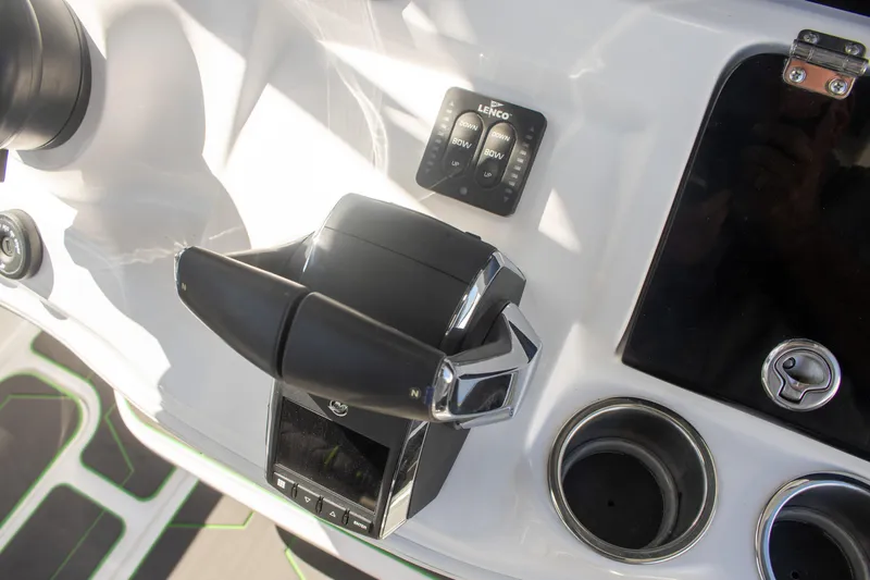 Adeline Yacht Photos Pics Close-up of 2023 Glasstream 328 GS Xtreme boat controls and dashboard.
