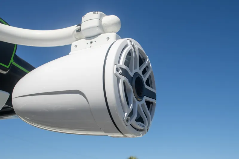 Adeline Yacht Photos Pics Close-up of a 2023 Glasstream 328 GS Xtreme marine speaker against a clear blue sky.
