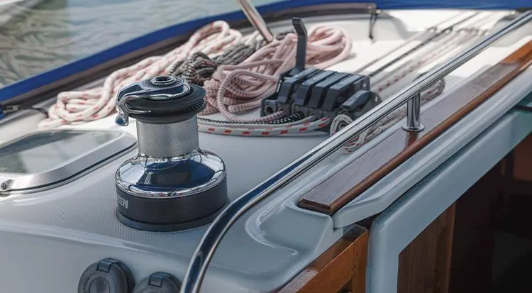 Pelican Yacht Photos Pics Deck of 2002 Jeanneau Sun Odyssey 43 DS with winch and ropes.