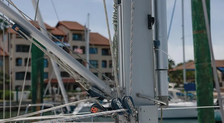 Pelican Yacht Photos Pics Close-up of Jeanneau Sun Odyssey 43 DS sailboat rigging, 2002 model, docked at marina.