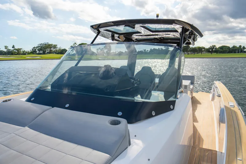  Yacht Photos Pics 2021 Pardo Yachts 38 on water, showcasing sleek design and luxurious seating.