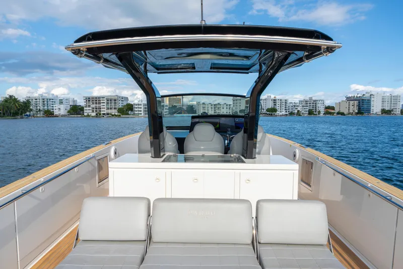  Yacht Photos Pics 2021 Pardo Yachts 38 on water, modern design, cityscape background, clear sky.