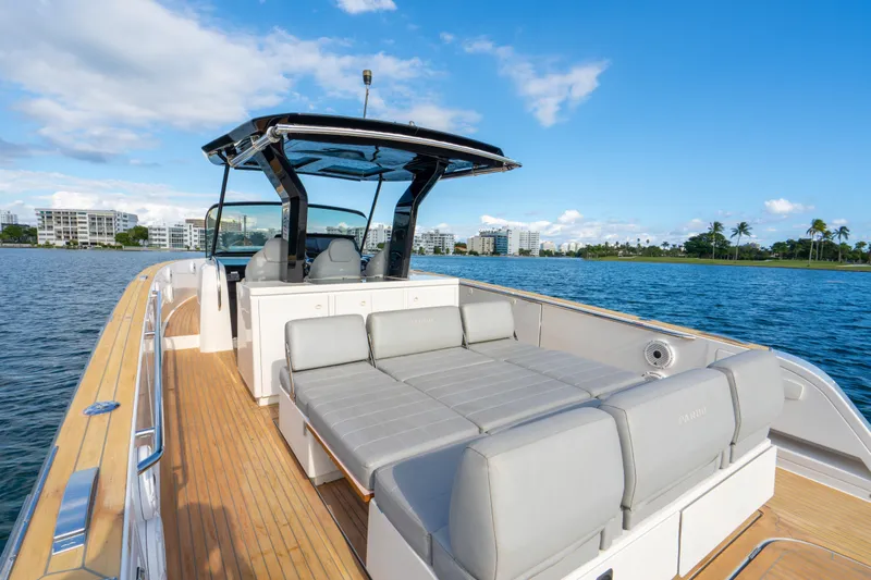  Yacht Photos Pics 2021 Pardo Yachts 38 on water, featuring spacious deck and modern design.