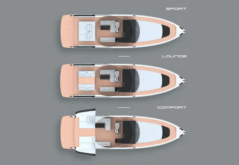 Vespro 55 Yacht Photos Pics Top view of 2026 Centouno Navi VESPRO yacht layouts: Sport, Lounge, Comfort.