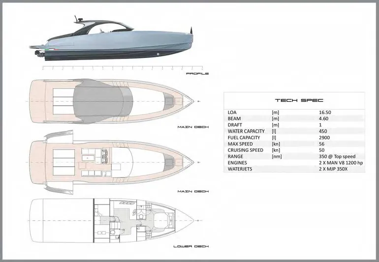 Vespro 55 Yacht Photos Pics Centouno Navi VESPRO 2026 yacht blueprint with technical specifications and deck layouts.