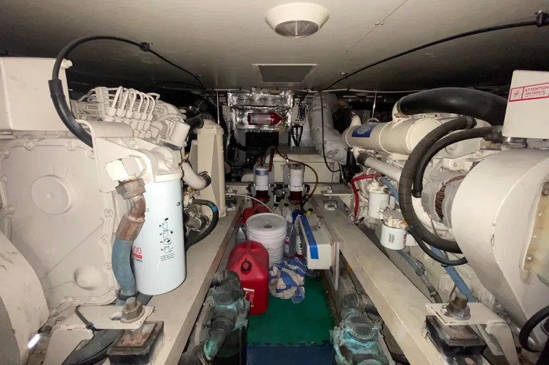 Nauti Boxer Yacht Photos Pics Engine room of a 2003 Silverton 453 Motor Yacht, showcasing mechanical components.