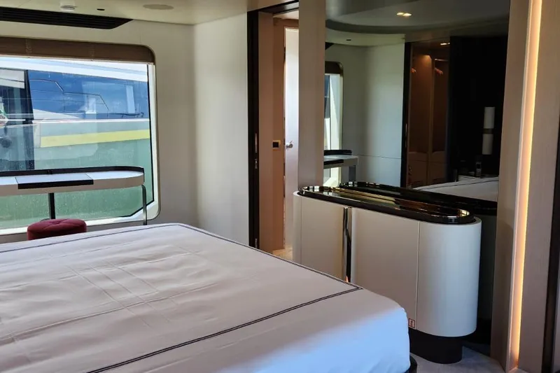 Dream Yacht Photos Pics Luxurious interior of 2024 Azimut Grande 32 Metri yacht bedroom with modern design.