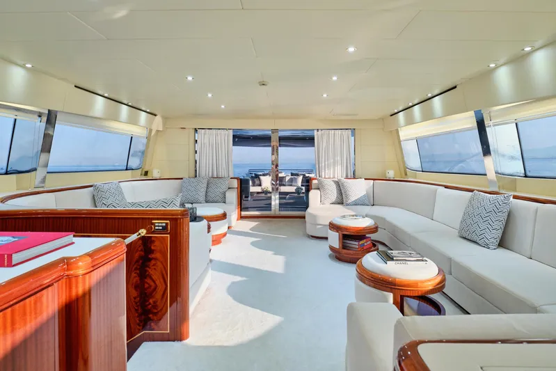 Ability Yacht Photos Pics Luxurious interior of 2007 Codecasa 41S yacht with elegant seating and panoramic windows.