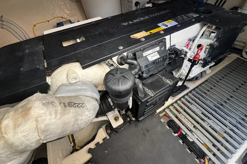  Yacht Photos Pics Engine compartment of a 2016 Tiara Yachts C44 Coupe, featuring a Volvo Penta engine.