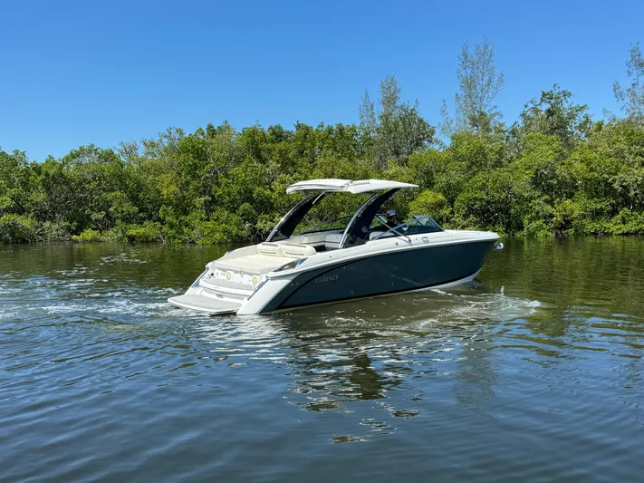  Yacht Photos Pics 2020 Cobalt R30 boat cruising on a calm river with lush greenery.
