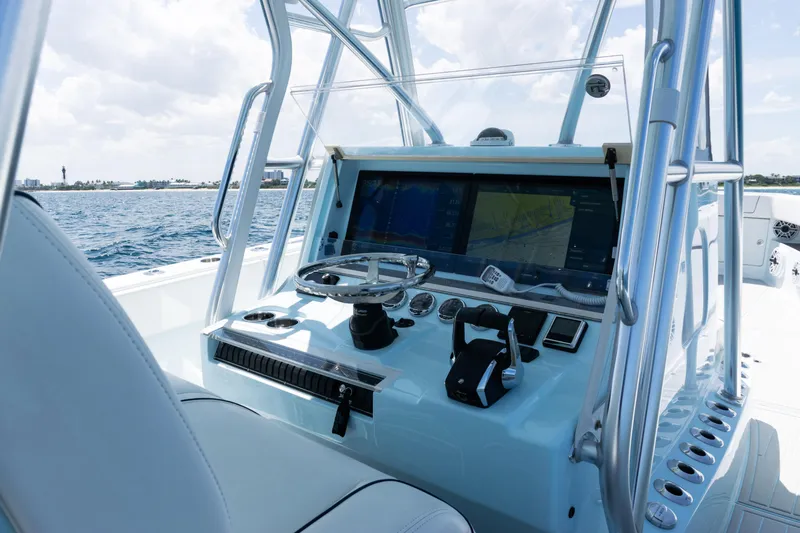  Yacht Photos Pics 2023 SeaVee 390Z boat dashboard with advanced navigation system and controls.