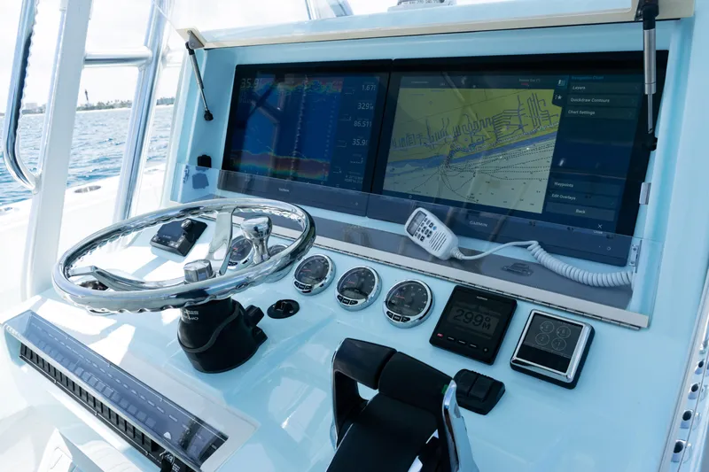  Yacht Photos Pics 2023 SeaVee 390Z boat dashboard with advanced navigation and control systems.