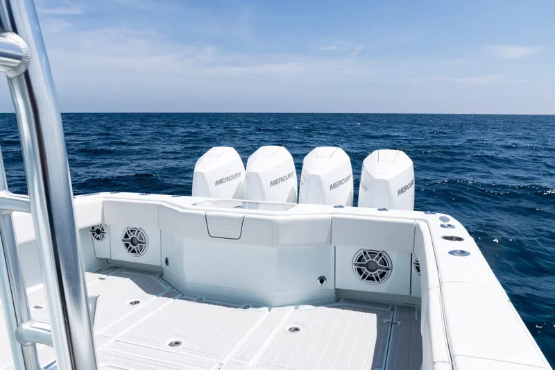  Yacht Photos Pics 2023 SeaVee 390Z boat with Mercury engines on open ocean.