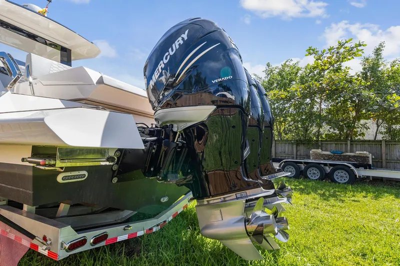  Yacht Photos Pics 2023 Astondoa 377 Coupe Outboard with Mercury Verado engine on trailer.