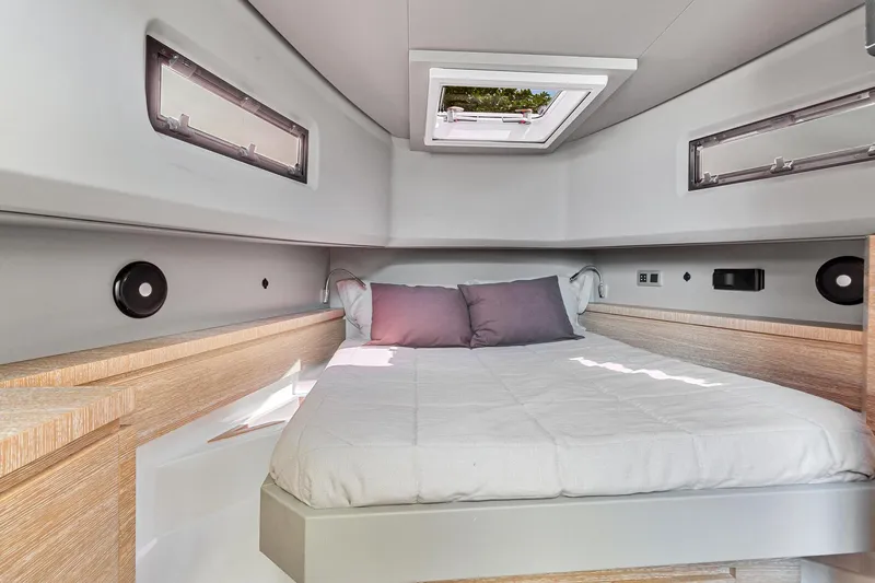  Yacht Photos Pics 2023 Astondoa 377 Coupe Outboard cabin with bed, modern interior design.