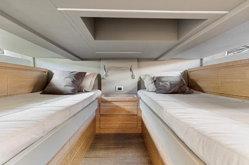  Yacht Photos Pics 2023 Astondoa 377 Coupe Outboard cabin with twin beds and modern design.