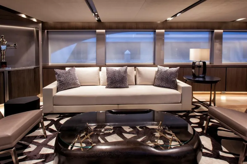 Serenity Yacht Photos Pics Luxurious interior of 2018 Westport Raised Pilothouse yacht with modern furnishings and decor.