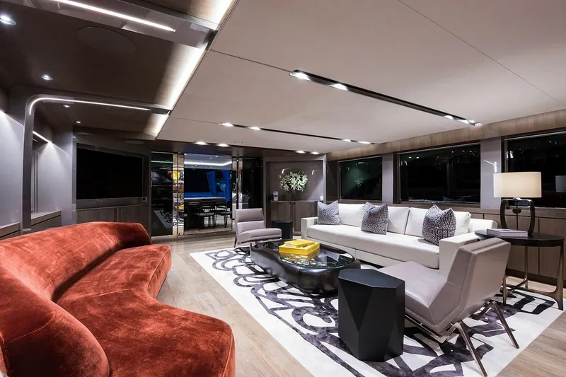 Serenity Yacht Photos Pics Luxurious interior of 2018 Westport Raised Pilothouse yacht with modern furnishings and elegant decor.