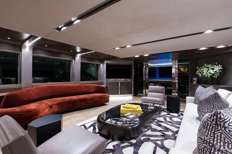 Serenity Yacht Photos Pics Luxurious interior of 2018 Westport Raised Pilothouse yacht with modern furnishings and elegant decor.