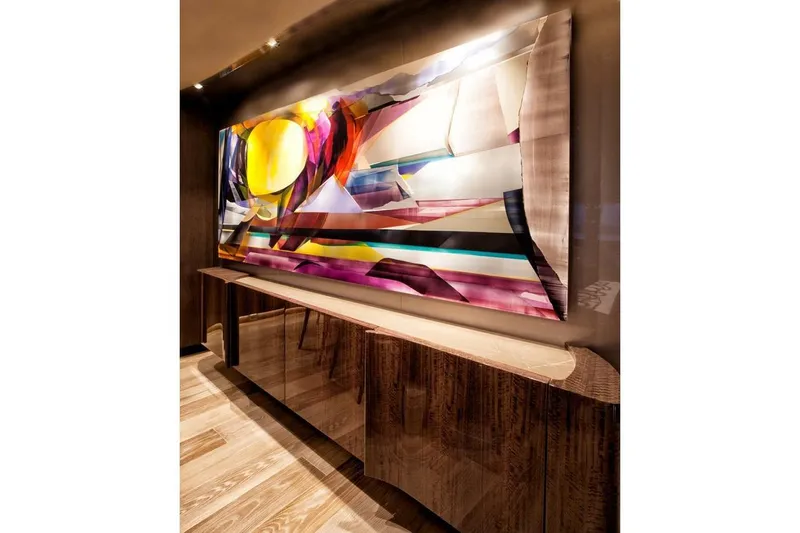 Serenity Yacht Photos Pics Abstract artwork in a luxurious interior of a 2018 Westport Raised Pilothouse yacht.