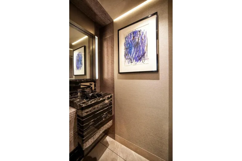 Serenity Yacht Photos Pics Luxurious bathroom in 2018 Westport Raised Pilothouse yacht with abstract art.