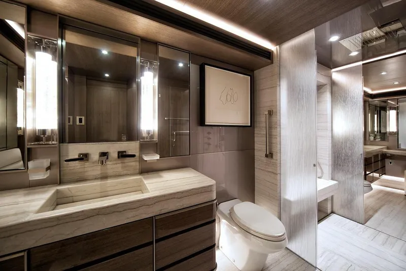 Serenity Yacht Photos Pics Luxurious bathroom in 2018 Westport Raised Pilothouse yacht with modern fixtures and elegant design.