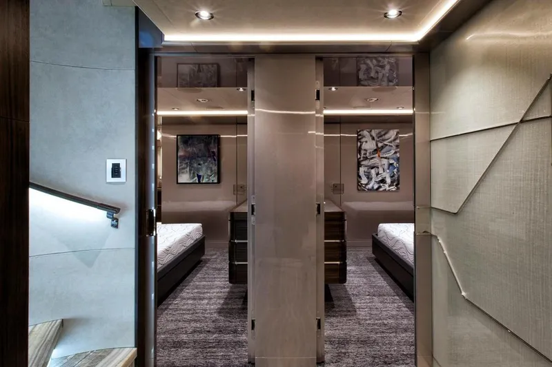 Serenity Yacht Photos Pics Luxurious interior of 2018 Westport Raised Pilothouse yacht with modern design and artwork.