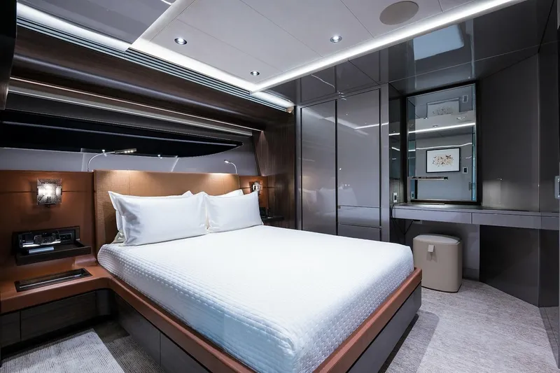 Serenity Yacht Photos Pics Luxurious bedroom interior of 2018 Westport Raised Pilothouse yacht with modern design.