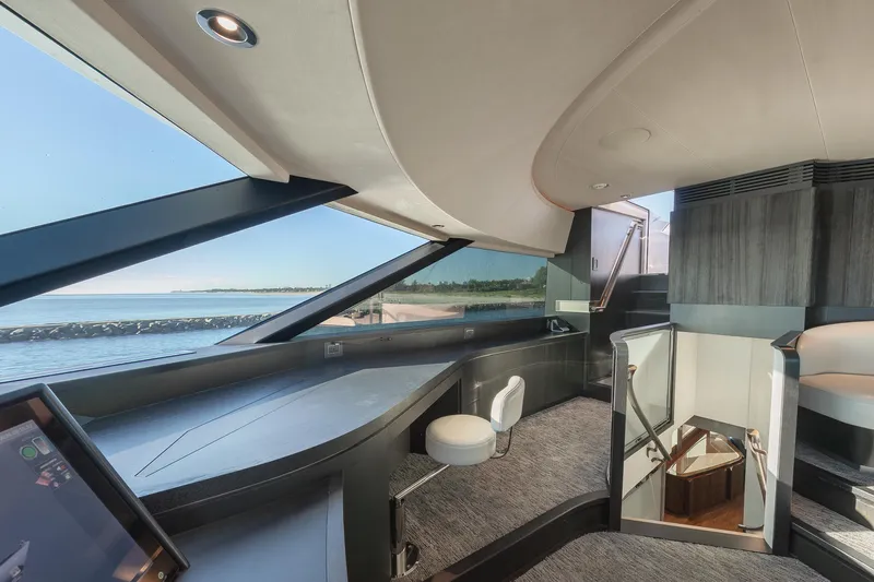 Serenity Yacht Photos Pics Luxurious 2018 Westport Raised Pilothouse interior with panoramic ocean view.