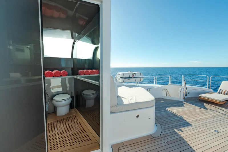 Serenity Yacht Photos Pics Luxurious 2018 Westport Raised Pilothouse yacht deck with ocean view and modern amenities.