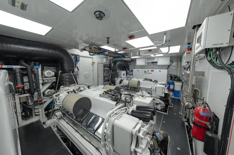 Serenity Yacht Photos Pics Engine room of 2018 Westport Raised Pilothouse yacht, featuring advanced machinery and equipment.