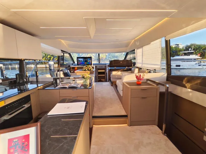  Yacht Photos Pics Luxurious interior of a 2022 Prestige 590 yacht with modern furnishings and scenic views.